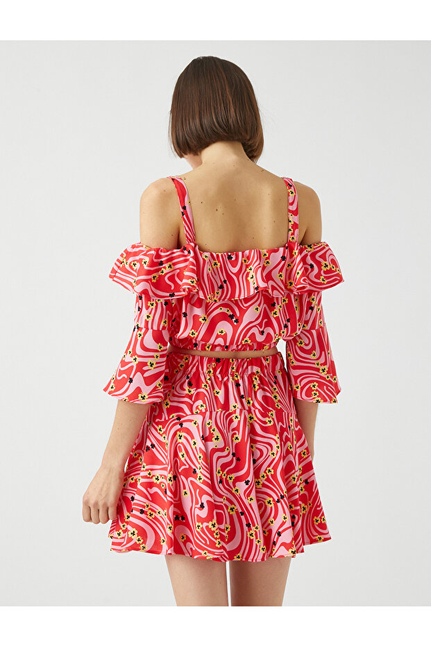 Patterned Crop Blouse Frilly Off Shoulder - 4