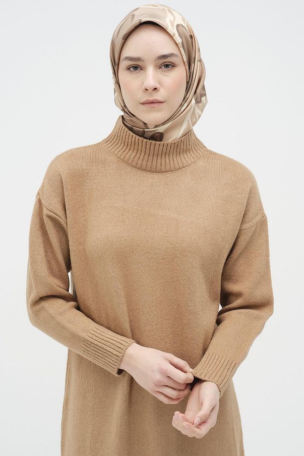 Boğazlı Triko Elbise - Camel - 5