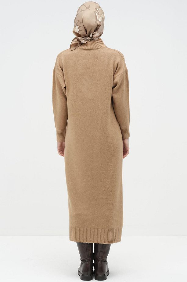 Boğazlı Triko Elbise - Camel - 6
