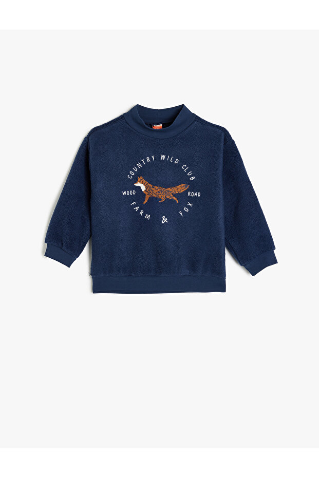 Long Sleeve Fox Printed Stand Collar Raised Cotton Sweatshirt