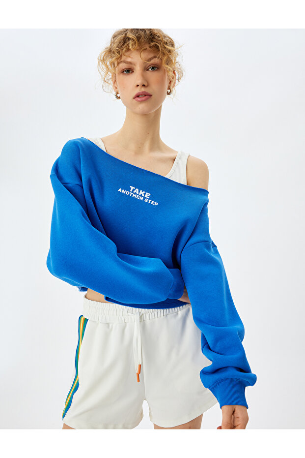 Raised Slogan Printed Boat Neck Crop Sweatshirt