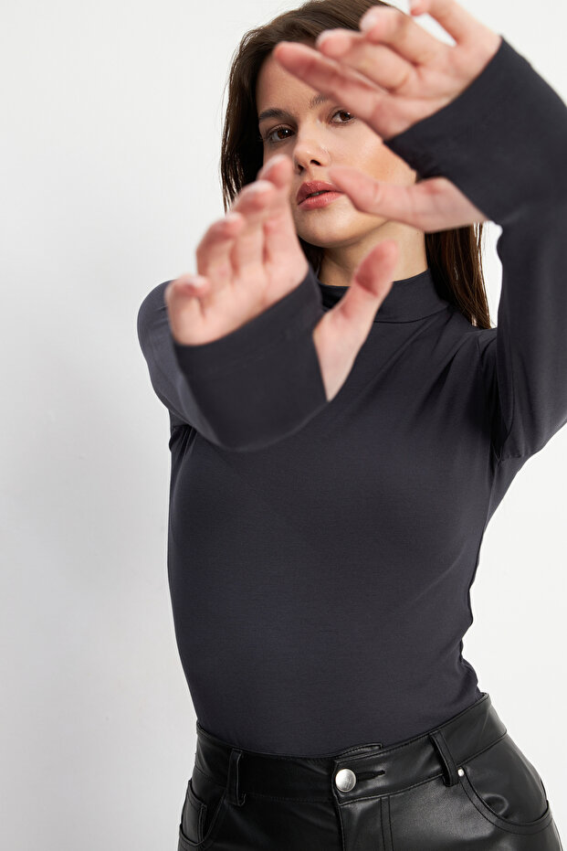Kadın Antrasit Parmak Detaylı Basic Body - 3