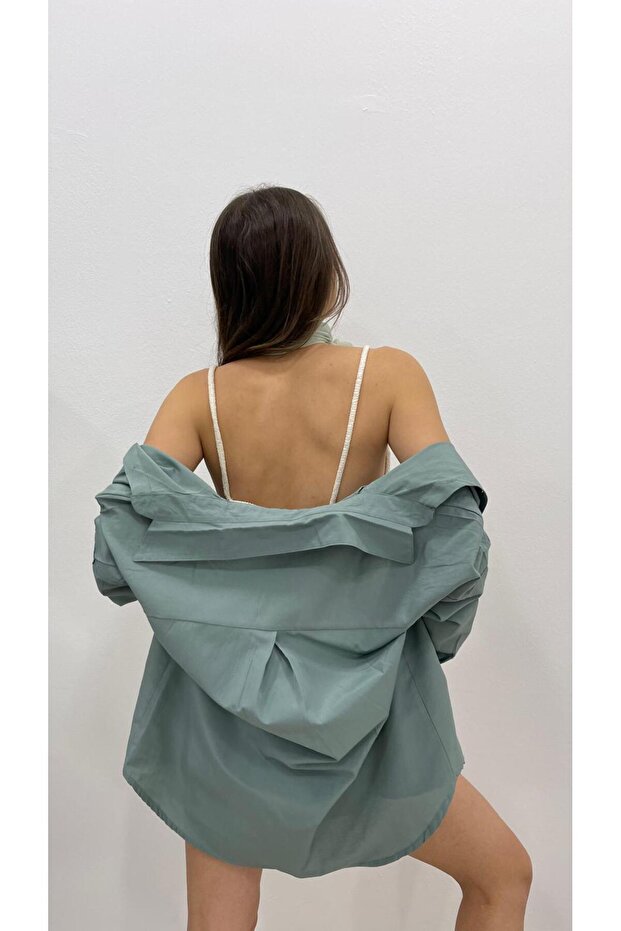 KADIN MİNT YEŞİL UZUN BASİC GÖMLEK - 5