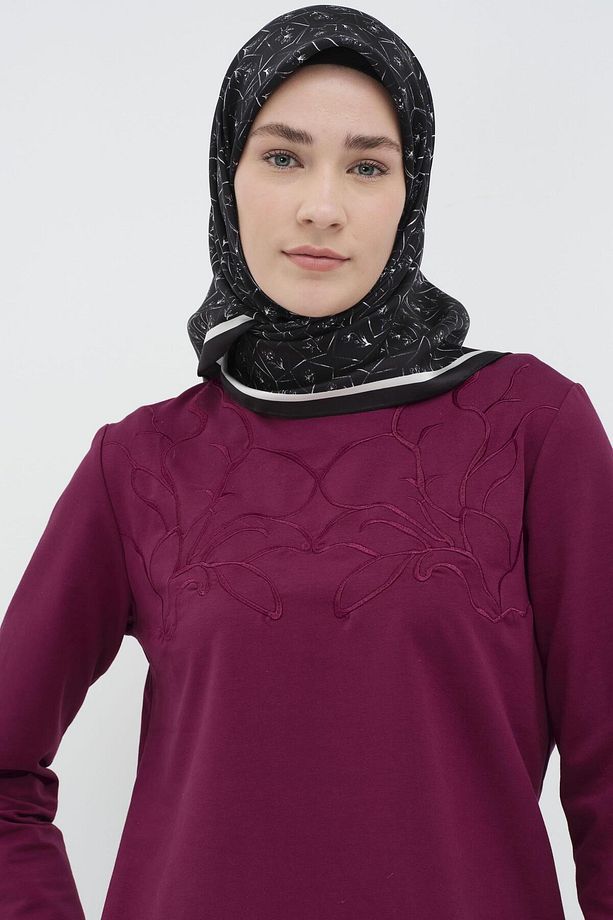 Çiçek Nakışlı Örme Bluz - Vişne - 4