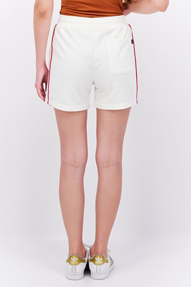 Women Heart Patch Side Pocket Drawstring Basic Shorts, Off White - 4