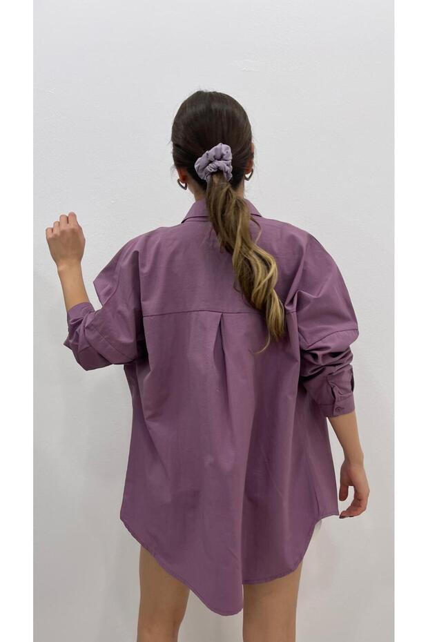 KADIN KOYU LİLA UZUN BASİC GÖMLEK - 4