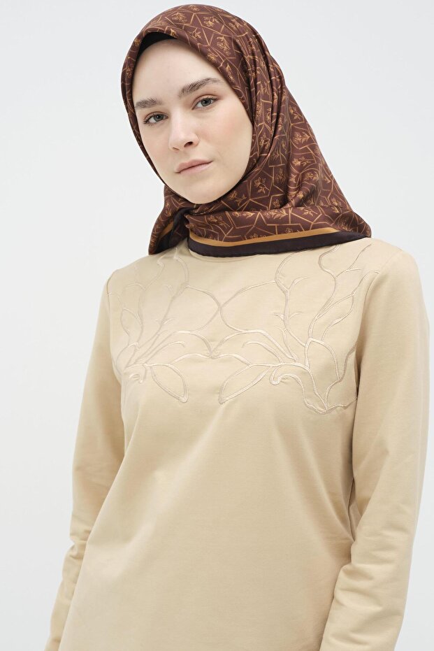 Çiçek Nakışlı Örme Bluz - Bej - 4