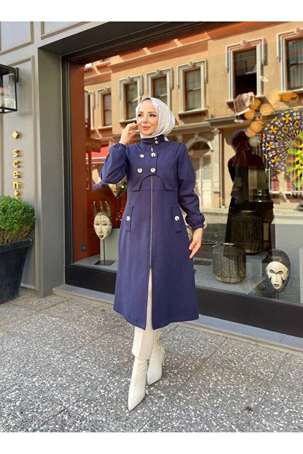 Intermediate Size Buttoned Front Imported Cashmere Coat / M0111 - Navy Blue