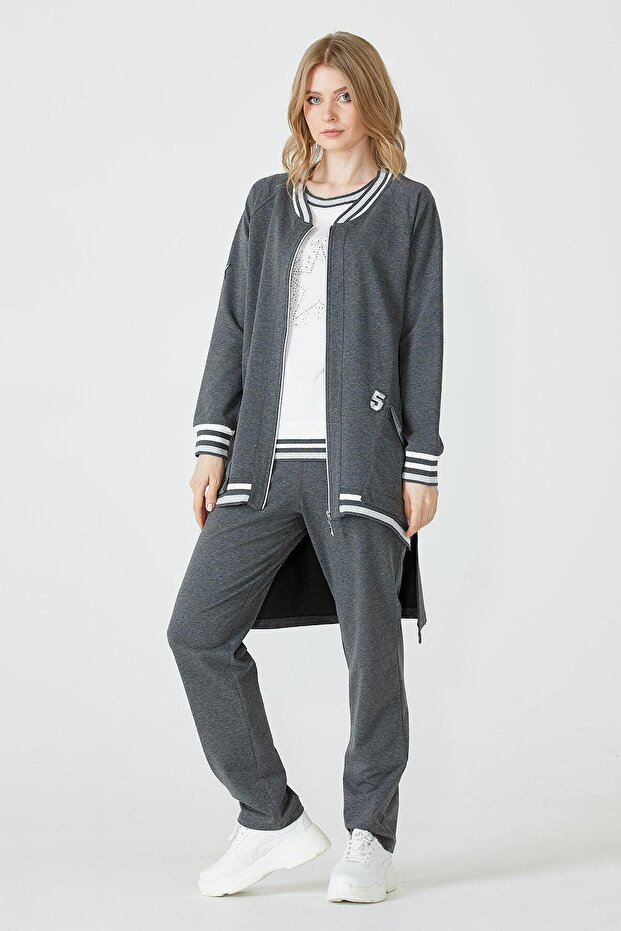Long Back Zippered Triple Tracksuit Set - Anthracite