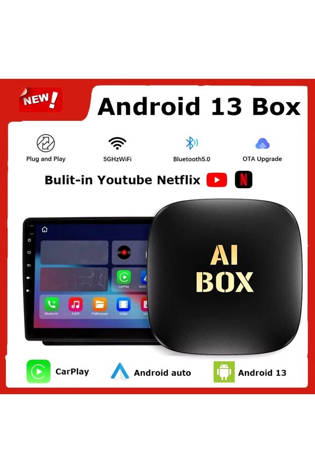 Akıllı Multimedya Kutusu Android 13 16GB Kablosuz Carplay Ai Box YouTube Netflix Google PlayStore - 1