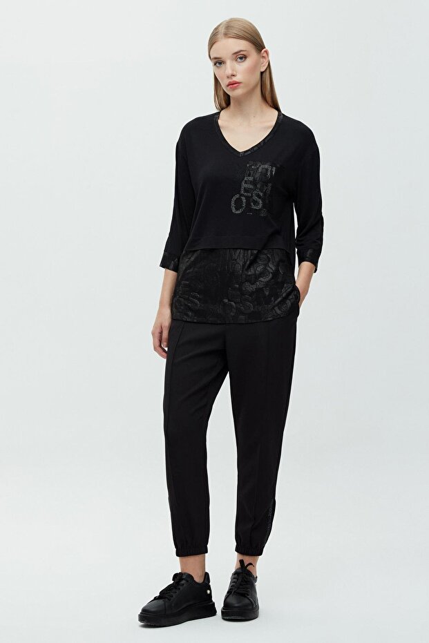 Letter Garnished Stone Printed Three Quarter T-Shirt