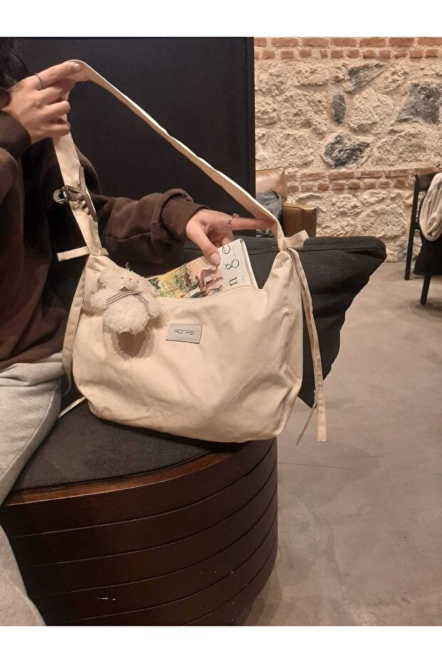 Bow Bag Cream Women's Lined Bag with Internal Compartments, Bow Detail, Zippered Baguette Handle Bag