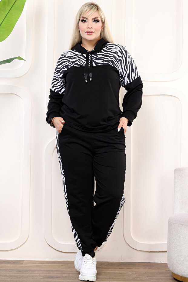 Plus Size Lace up Hooded Zebra Pattern Flexible and Stylish Lycra Tracksuit with Block Pockets - 1