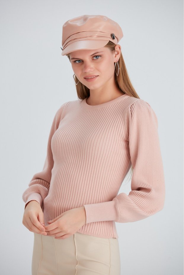 Women's Balloon Long Sleeve Powder Color Sports Stylish Knitwear Blouse