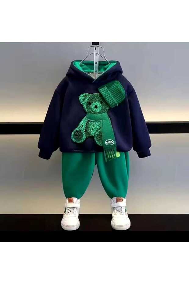 > Teddy Bear Embroidered 3 Thread Fleece-Lined K Hooded Tracksuit Set – Unisex – Thick Winter