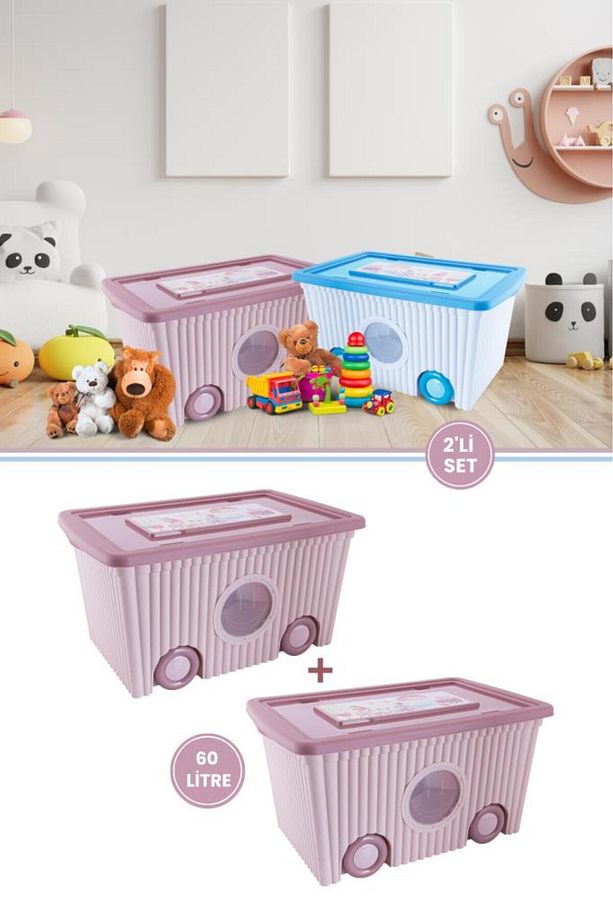 Kapaklı Tekerlekli Taşınabilir Büyük Saklama Kutusu, Pembe Oyuncak Kutusu 2'li Set Pembe - 1