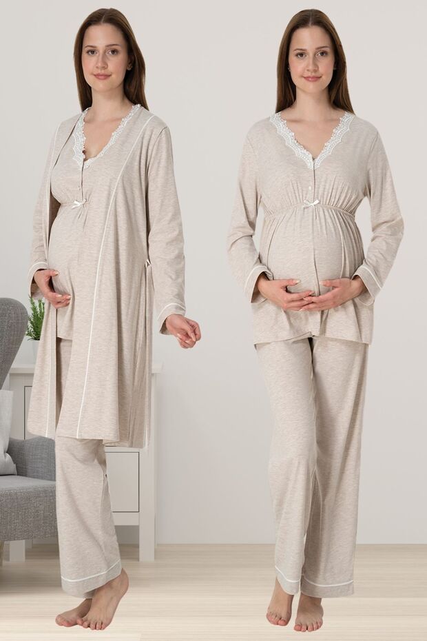 Pregnant Maternity Pajama Set with Effortt Beige Dressing Gown