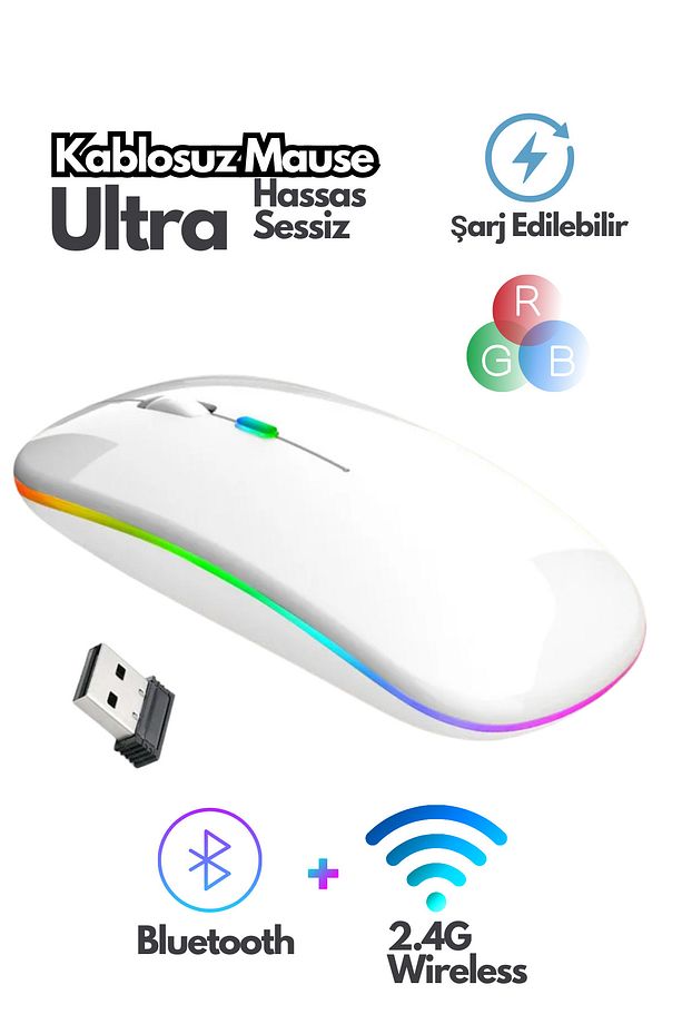 Bluetooth Wireless Kablosuz Mouse Çift Modlu Usb 2.4g Şarj Edilebilir 800/1200/1600dpi Rgb Led - 1