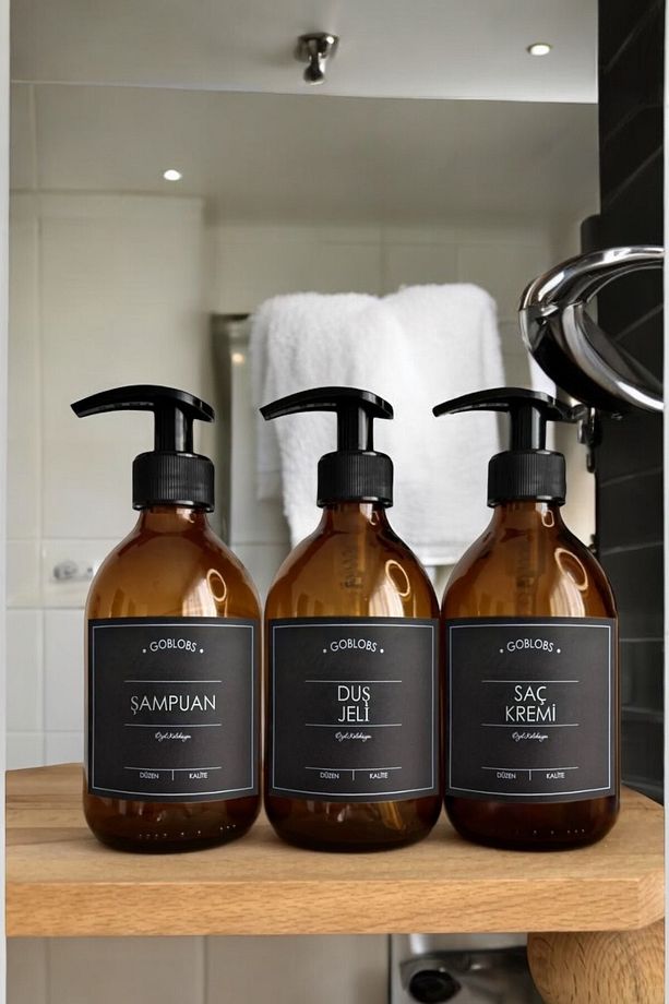 3'lü Set 300ml Amber Şampuan & Duş Jeli & Saç Kremi Siyah Etiketli Şişe - 3