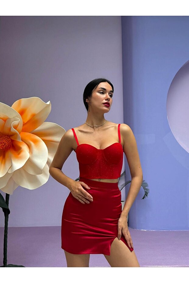 Red Bustier Suit with Sim Patterned Backing (687t) - 4