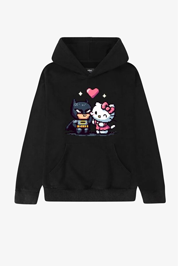 Black Hooded Batman and Hello Kitty Printed Unisex Oversize Sweatshirt