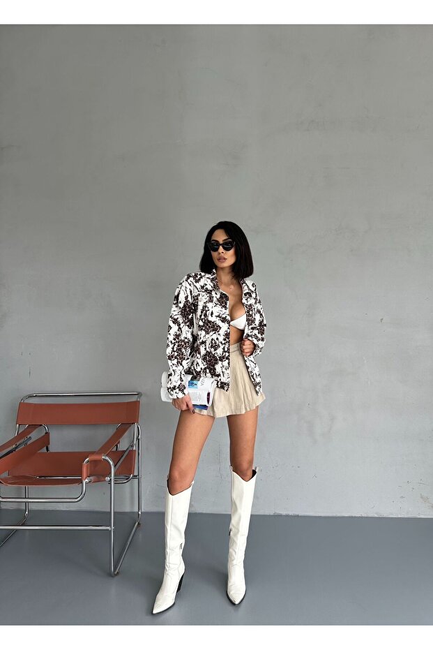 سترة ZEO الأساسية ليوبارد من قماش الدنيم باللون الأبيض والبني - 8