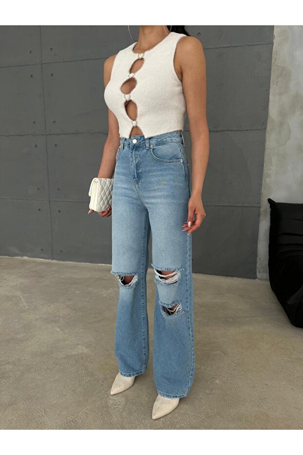 Zeo Basic Denim Wide-Leg Pants - Laser Cut Medium Blue - 7