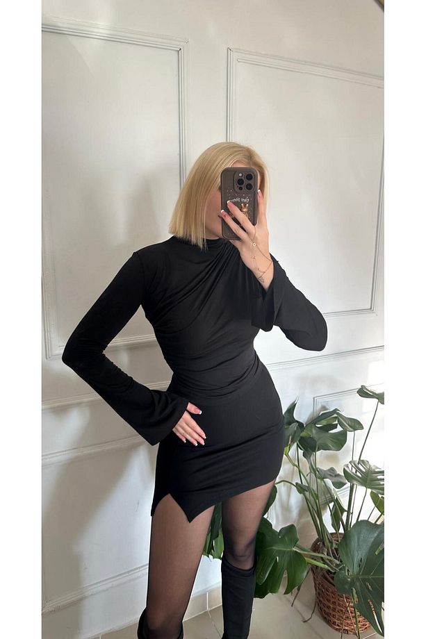 Holly Ispanyol Kol Ön Drapeli Dik Yaka Esnek Siyah Bluz - 3