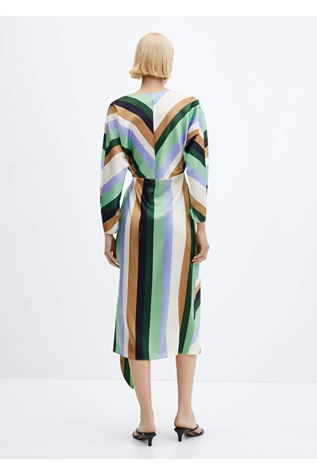 Çizgili Saten Elbise - 4