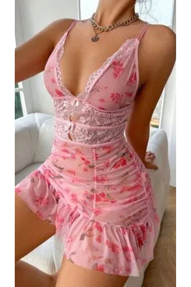 Pembe Derin Dekolteli Gecelik - 4