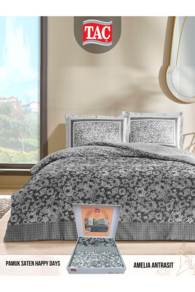 Amelia Anthracite Cotton Satin Double Duvet Cover Set