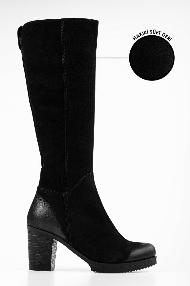 Women's Daen Black Genuine Suede Leather Heeled Boots Black Genuine Suede Leather