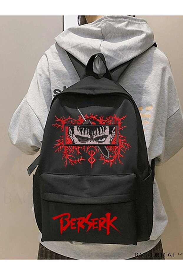 حقيبة ظهر مطبوعة باللون الأحمر من Berserk Deepwoken مع حجرة للشرب