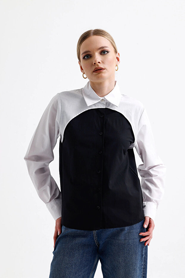 Women's Black Block Garnished Special Design Poplin Woven Shirt