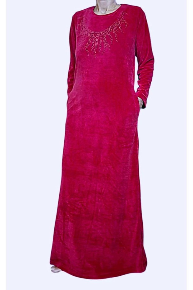 Di̇ka Pocketed Velvet Maxi Home Dress Fuchsia