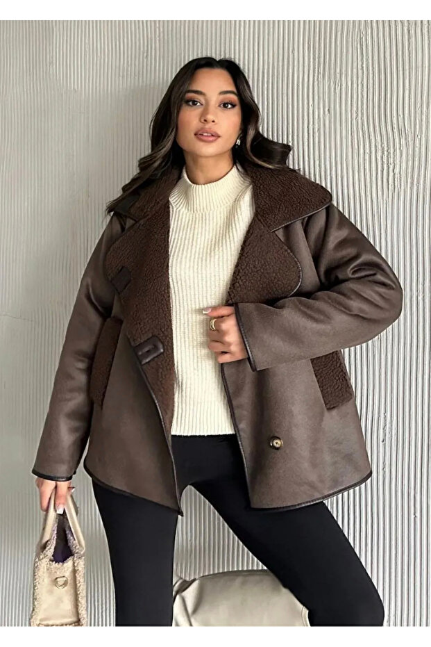 Bitter Brown Buttoned Plush Laminated Coat