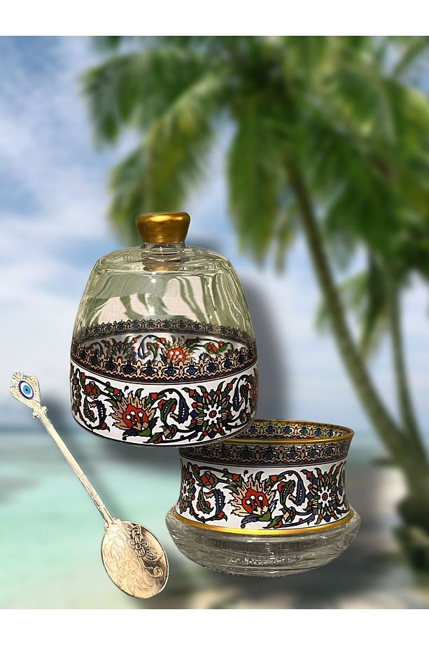 Altın Bitkisel Çini Desenli Model 1 Adet Şekerlik Lokumluk Set Metal Kaşık Hediyeli - 3