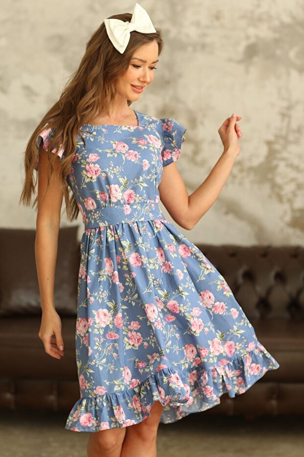 Pink Blue Rose Butterfly Sleeve Dress - Drawstring Waist