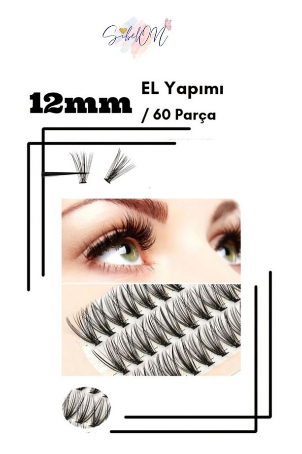 Yapıştırıcı Hediyeli 12 Mm El Yapımı Tekli Takma Kirpik 1 Kutu / 60 Adet - 1