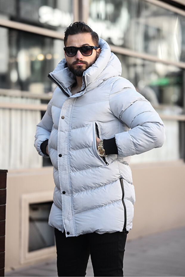 Men's Winter Long Coat with Hooded Side Zipper Detail