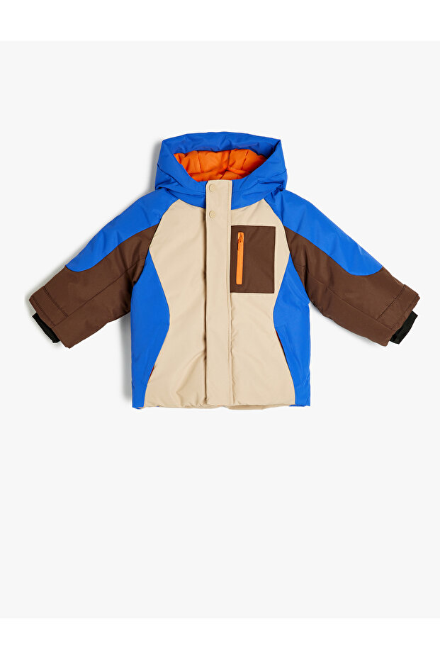 Hooded Zippered Long Sleeve Pocket Detailed Color Blocked Coat 