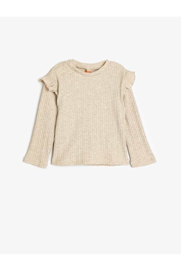Crew Neck Long Sleeve Ruffle Detail T-Shirt