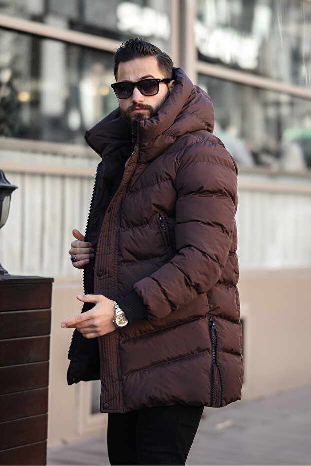 ЧОЛОВІЧЕ ЗИМОВЕ ДОВГЕ ПАЛЬТО З КАПЮШОНОМ І БІЧНОЮ ЗАСТІБКОЮ-БЛИСКАВКОЮ - 1