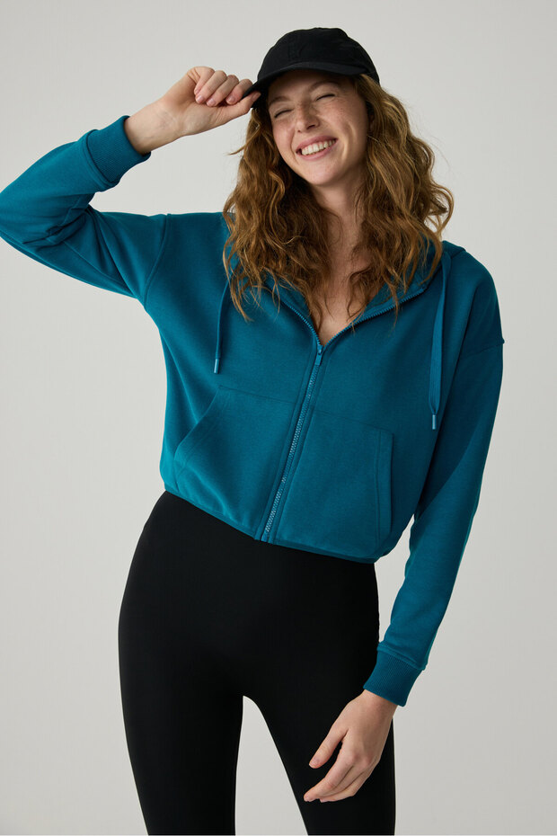 Charisma Urbanbeat Women's Hooded Relaxed Zip Print Detail Blue Sweatshirt