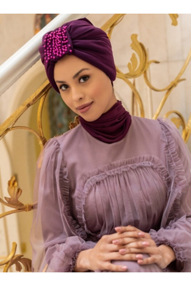 Sandy İncili Dolgu Tasarım Bone - Mürdüm - 1