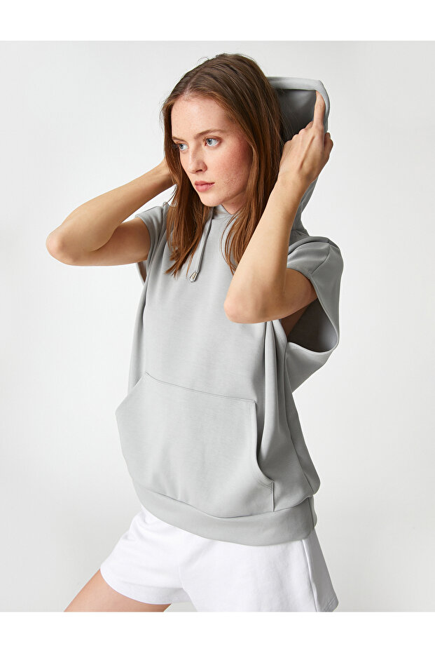 Hooded Short Sleeve Sweatshirt Kangaroo Pocket Modal Blend