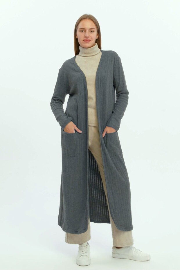 Women's Gray Long Length Ribbed Camisole Cardigan with Pockets