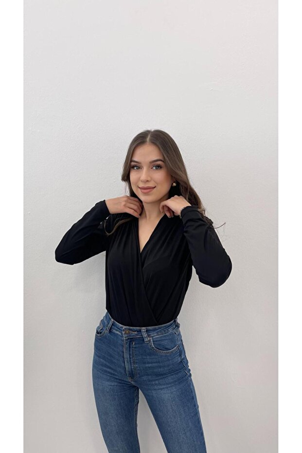 Women's Black Double Breasted Shoulder Dress Detailled Bottom Bodysuit with Bodysuit
