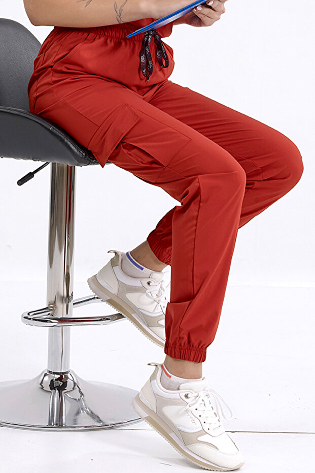 Unisex Lycra Jogger Surgical Pants - Cargo Pocket, Brick Color | Brl Bagel