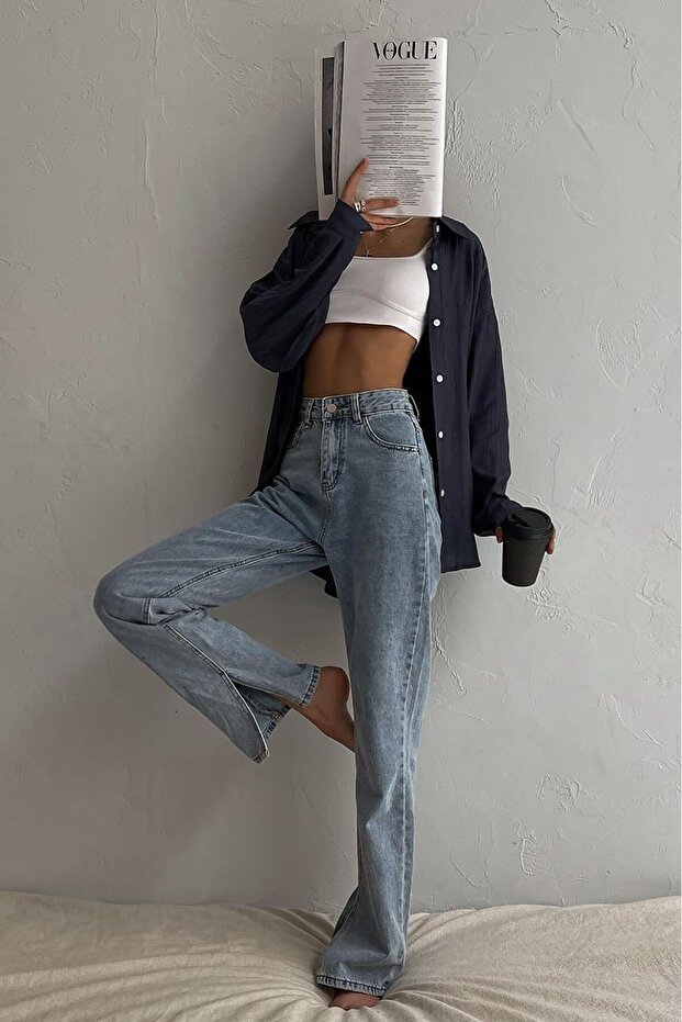 Niebieskie damskie dżinsy z wysokim stanem i rozcięciem MG1384 - 1